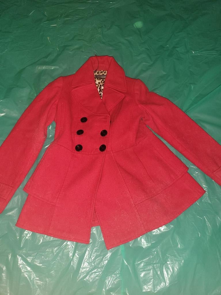 Stijlvolle Rode Peacoat met Luipaardprint Voering, Maat 38/40 (M), Verzenden, Rood, Onbekend