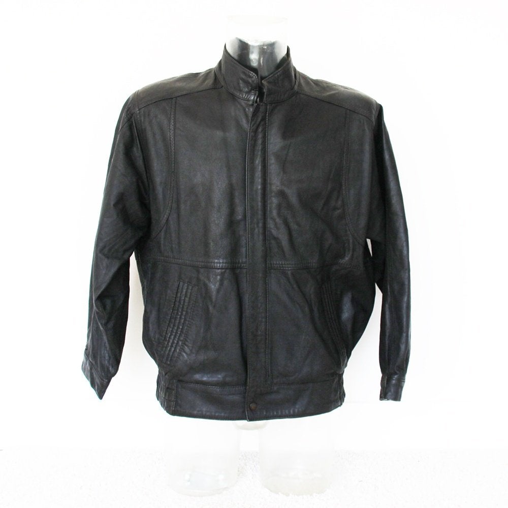 Zwart Lederen Heren Jas28* (Maat 52) € 50,-, Maat 52/54 (L), Zwart, Vintage, Ophalen of Verzenden