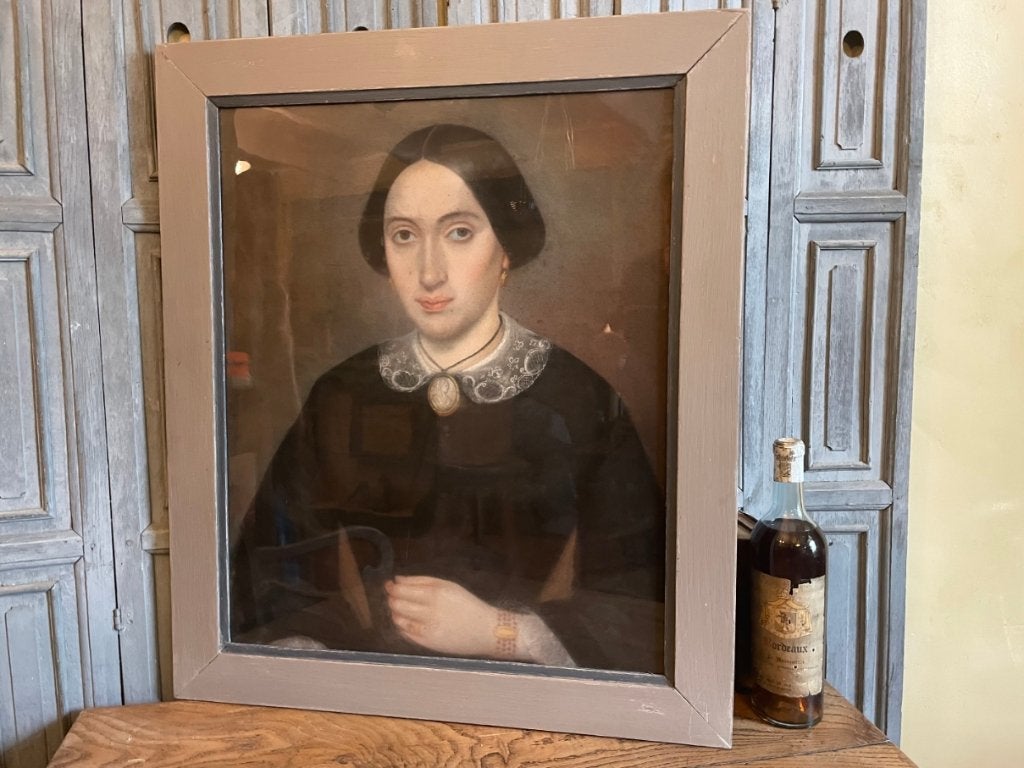 19e eeuw Pastel Schilderij Vrouw Franse School Antiek, Antiek en Kunst, Portret of Personen, Realistisch, Achter glas, Ophalen of Verzenden