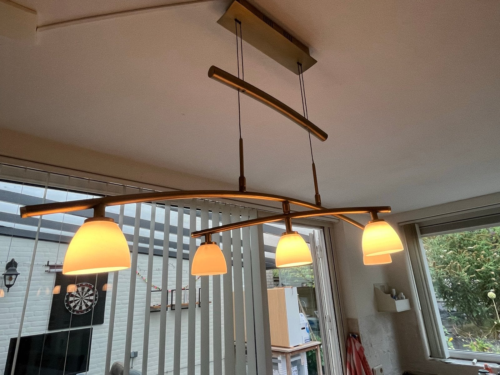 Moderne hanglamp met 5 glazen kappen, Ophalen, Gebruikt, Glas, Overige fittingen