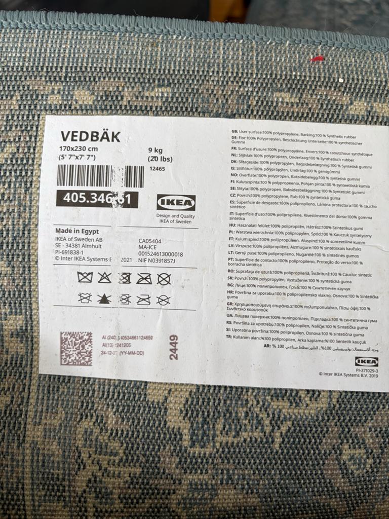 IKEA VEDBÄK Vloerkleed - Blauw/Grijs - 170x230 cm, Huis en Inrichting, Ophalen, Blauw, 150 tot 200 cm, 200 cm of meer