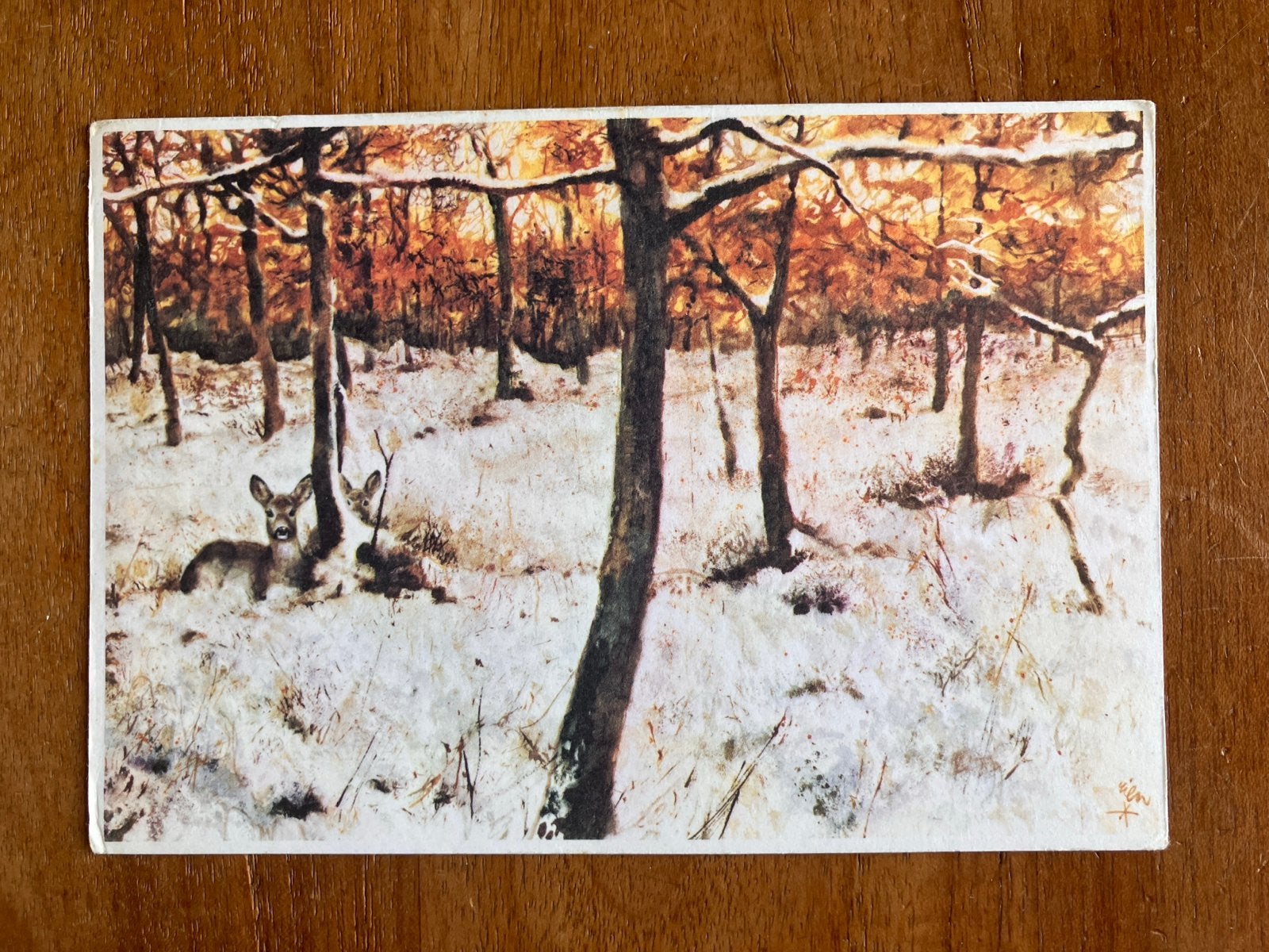 Rien Poortvliet. Dieren in winterlandschap. Reegeit met kalf, Verzamelen, Ophalen of Verzenden, 1980 tot heden, Gelopen, Natuur