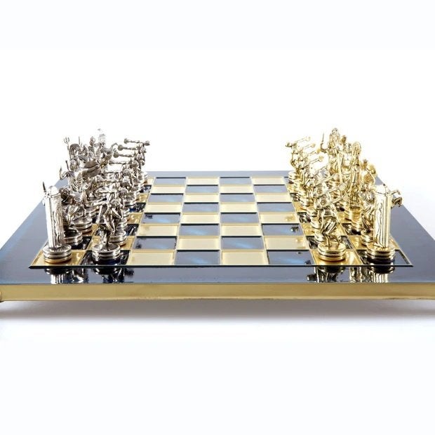 ♟️zgan: Manopoulos schaakset discuswerper - Blauw🏷️€150,-, Een of twee spelers, Ophalen of Verzenden, Zo goed als nieuw, Manopoulos