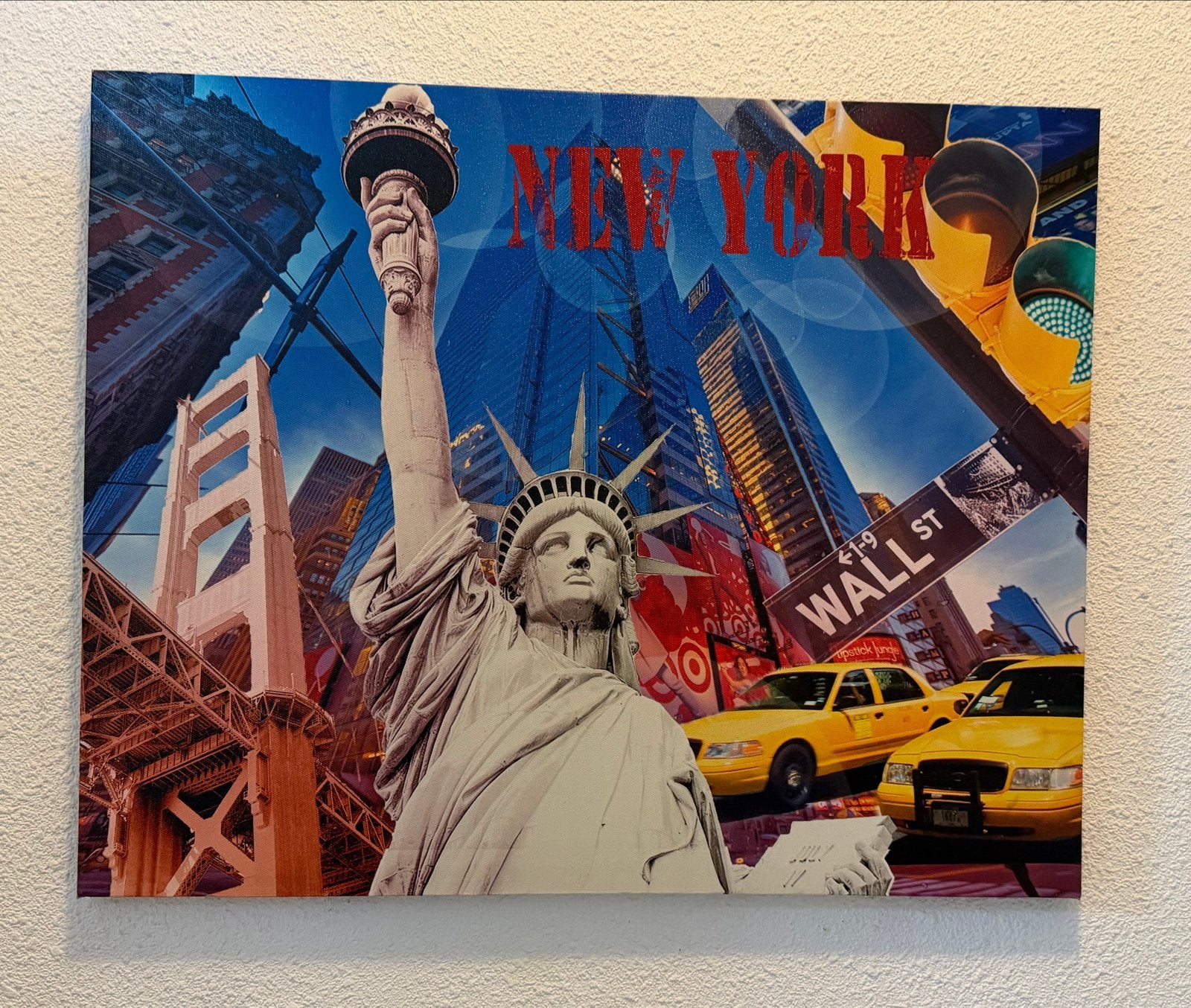 Canvas schilderij New York - Vrijheidsbeeld & Wall Street, Ophalen of Verzenden, Zo goed als nieuw, Schilderij, Minder dan 50 cm