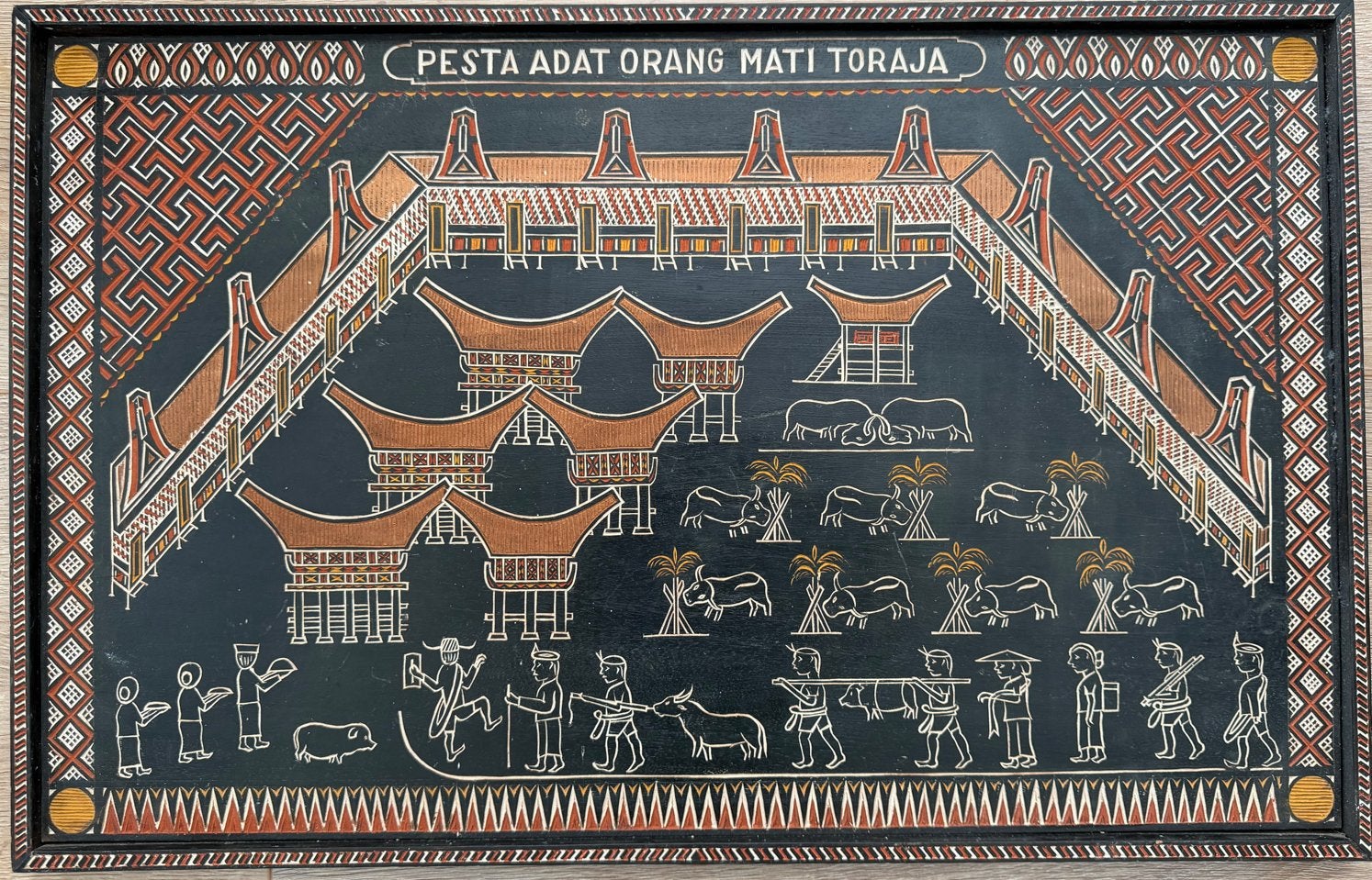 Toraja kunstwerk - Pesta Adat Orang Mati Toraja, Wanddecoratie, 39 cm, Indonesië, Geschilderd