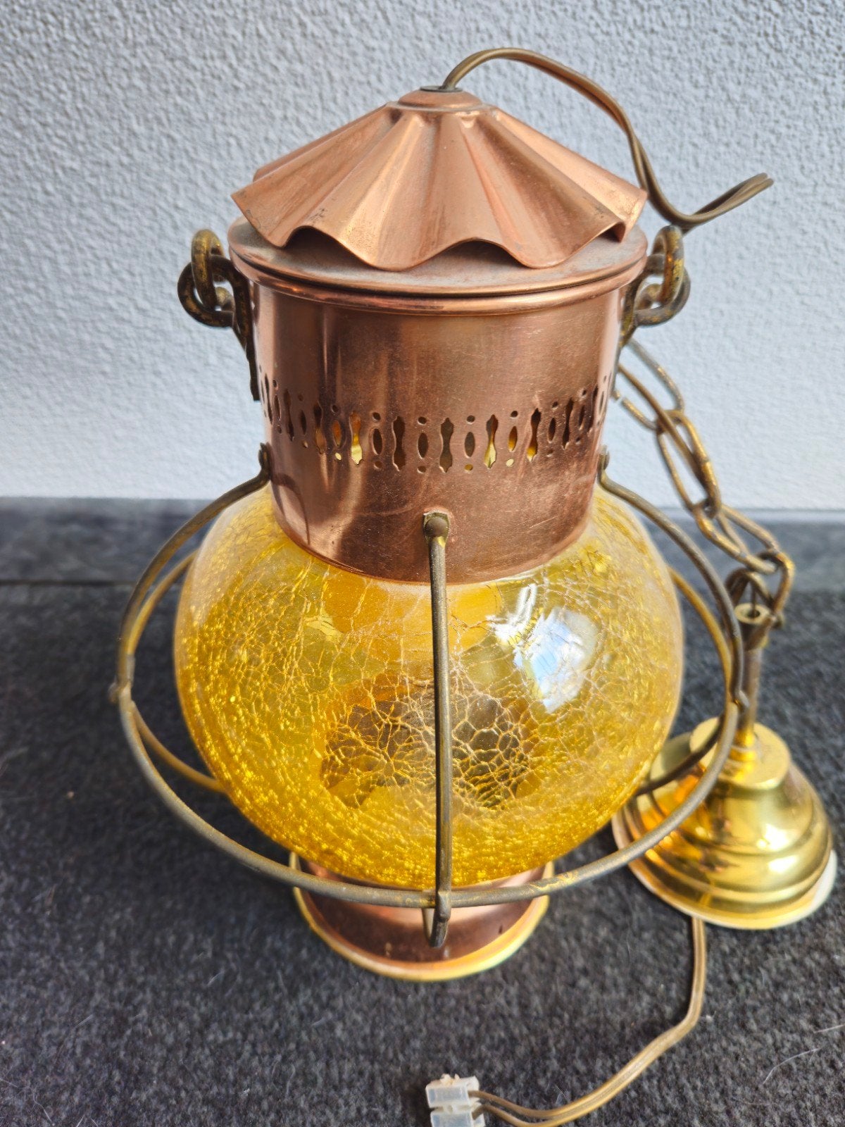 Vintage Koperen scheepslamp met Geel Craquelé Glas, Ophalen of Verzenden