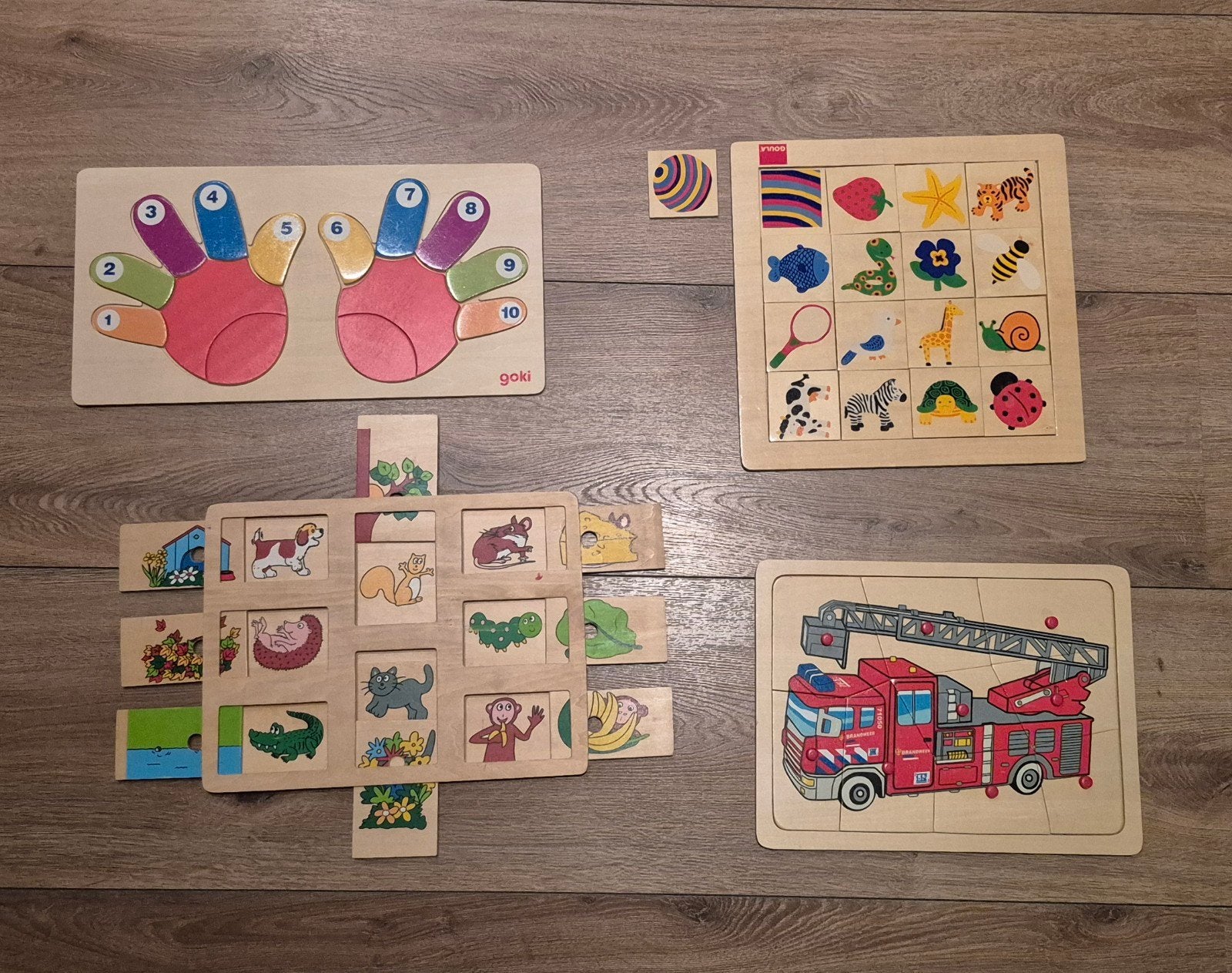 4 houten puzzels, waaronder 2 van Goki, 2 tot 4 jaar, Gebruikt, Ophalen of Verzenden, Van hout