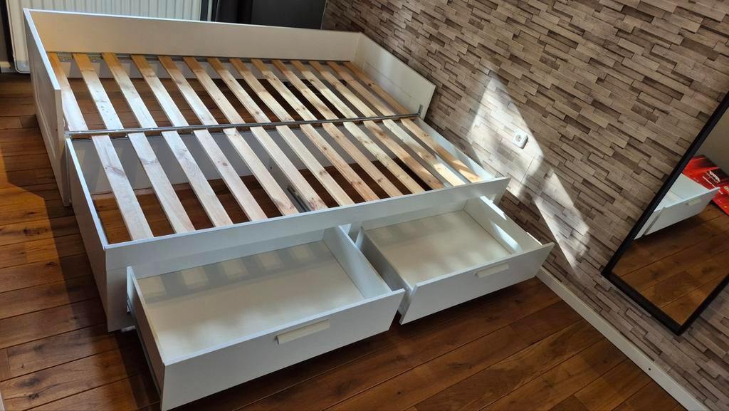 Ikea Brimnes bedbank met 2 lades 80x200cm, Ophalen, Wit, Tweepersoons, Zo goed als nieuw