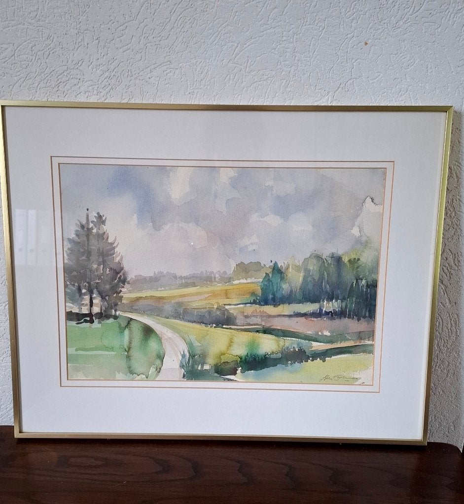 Aquarel van Hen Euverman ingelijst 67x52 cm, Realistisch, Gesigneerd, Ophalen of Verzenden, Landschap