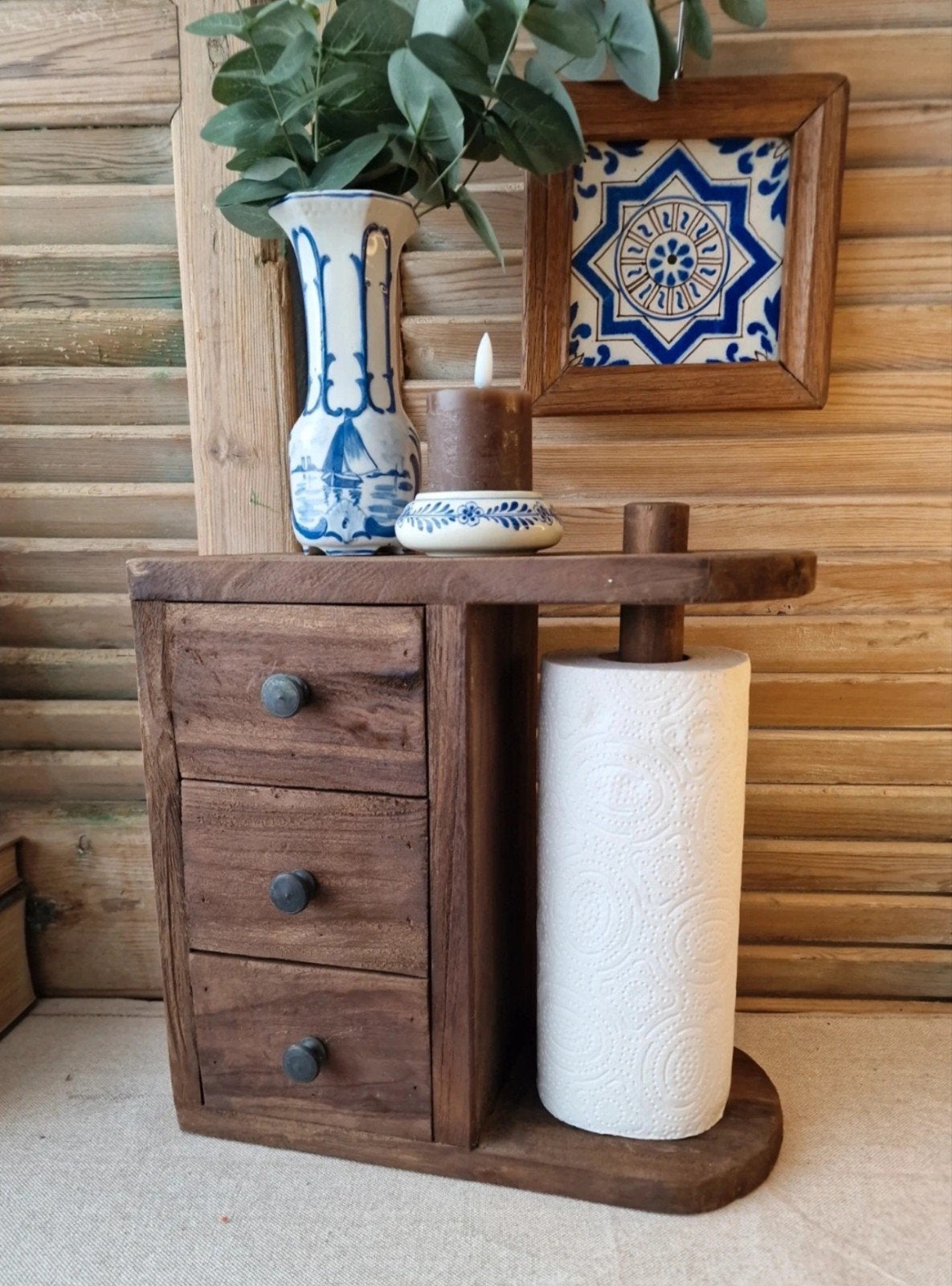 Houten Keukenrolhouder met Lades, Gebruikt, Ophalen of Verzenden, Bruin, Vintage