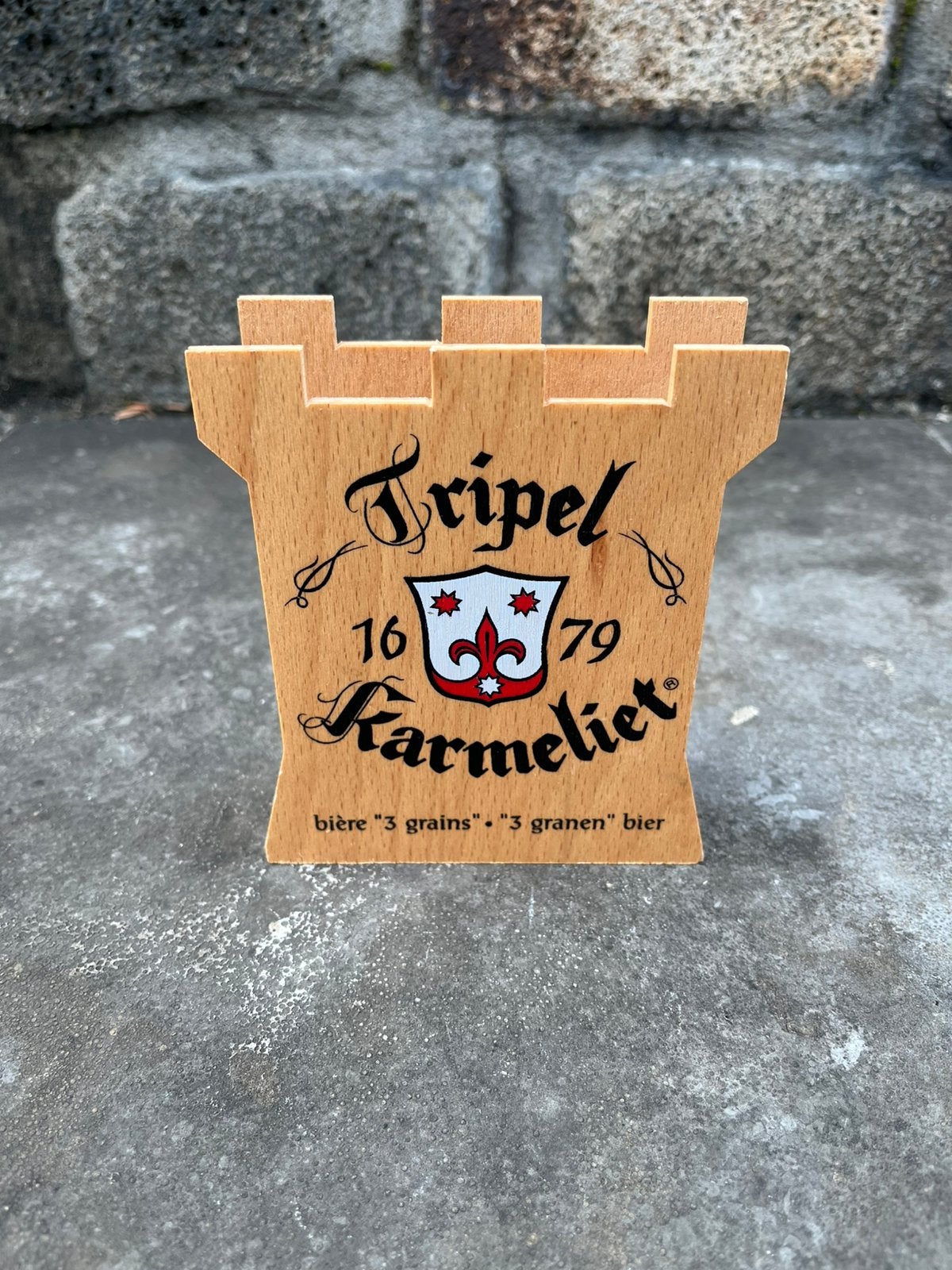 Vintage houten Tripel Karmeliet bierviltjes houder, Gebruiksvoorwerp, ?, Zo goed als nieuw, ?