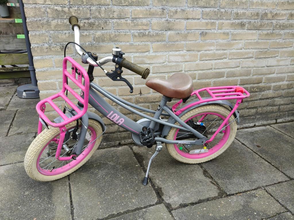 Lola kinderfiets 16 inch - Grijs/Roze met voordrager, Ophalen, Terugtraprem, Lola, 16 tot 20 inch