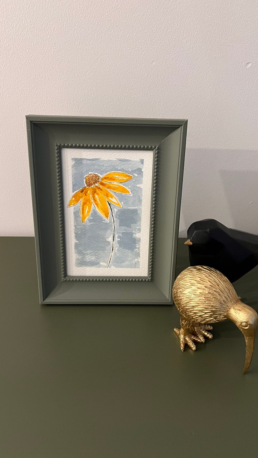 Uniek | Aquarel | Zonnebloem | Gerestylde lijst, Ophalen of Verzenden, Achter glas, Aquarel, Bloemen