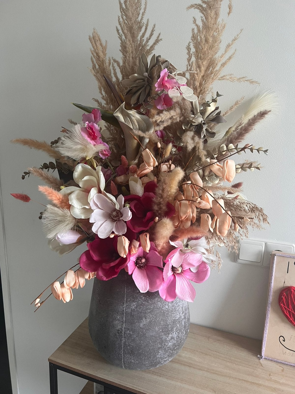 Kant en klare pot met bos kunstbloemen vaas met bloemstuk, Binnen, Roze, 70 cm, Ophalen of Verzenden