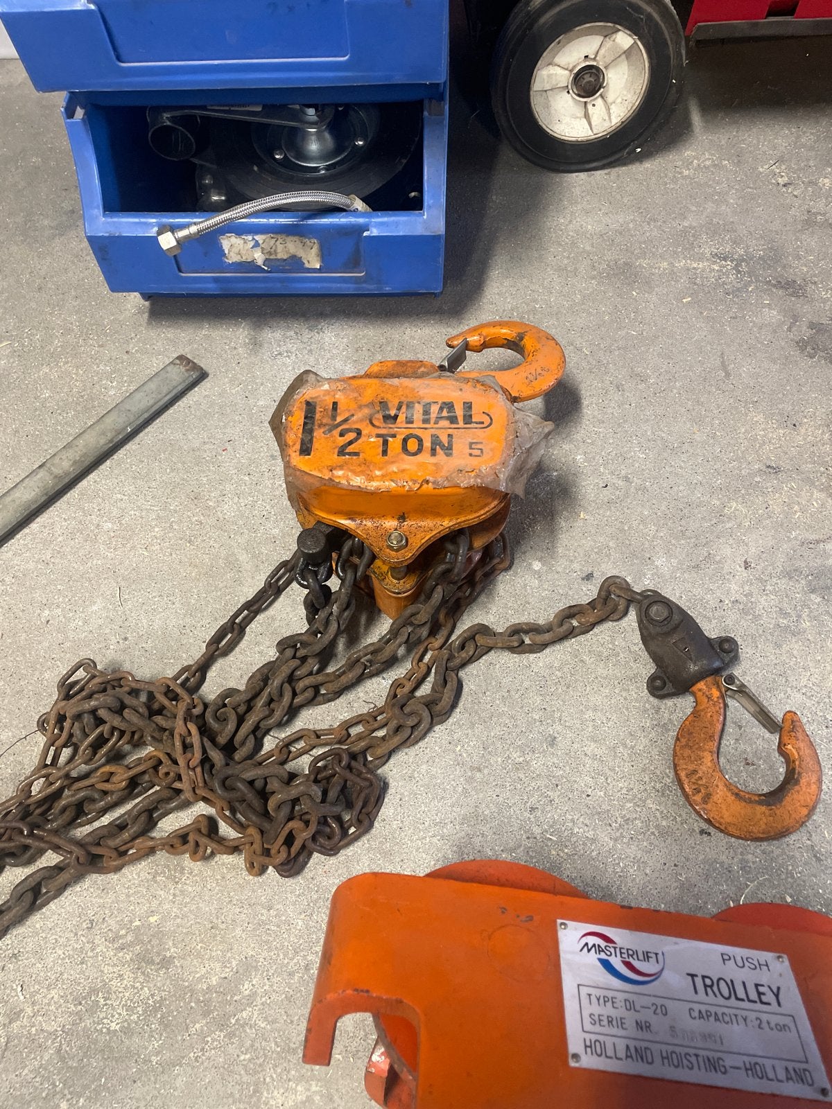 Vital takel 1,5ton met Masterlift trolley 2 ton, Ophalen, Gebruikt, Handmatig
