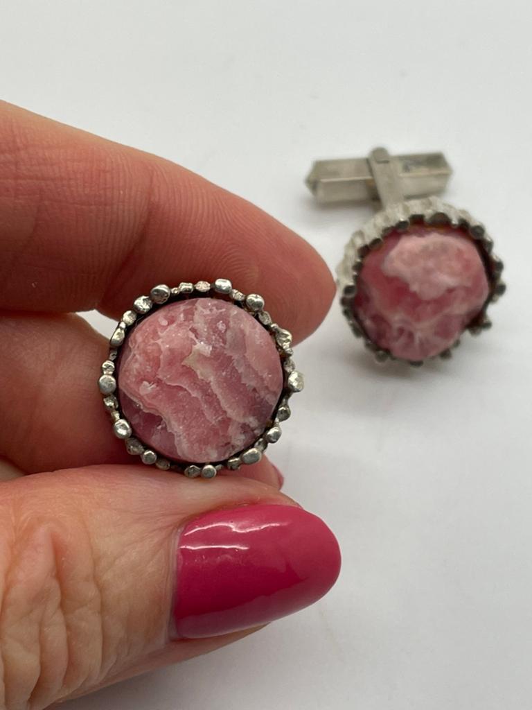 D1000 Prachtige zilveren manchetknopen ruwe rodochrosiet, Sieraden, Tassen en Uiterlijk, Antieke sieraden, Ophalen of Verzenden