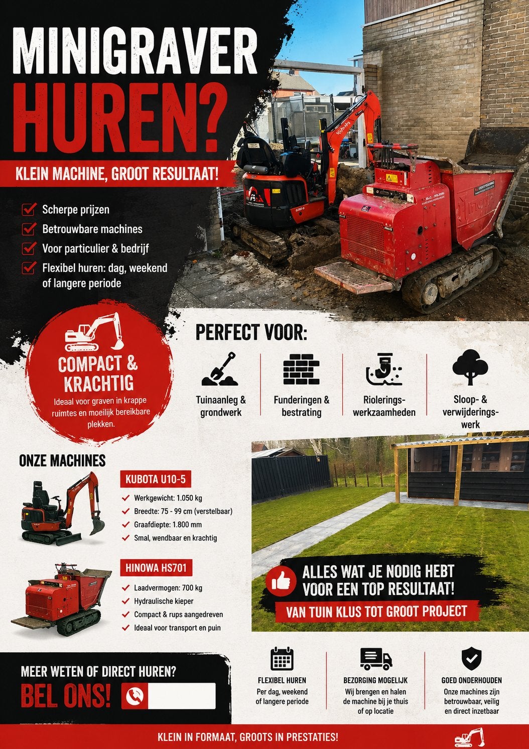 Minigraver te huur  minikraan huren, Ophalen of Verzenden