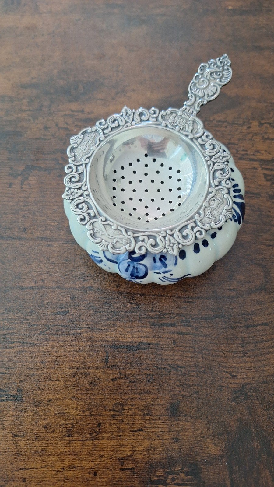 Antieke Zilveren Theezeef met Delfts Blauw Kommetje, Antiek en Kunst, Ophalen of Verzenden