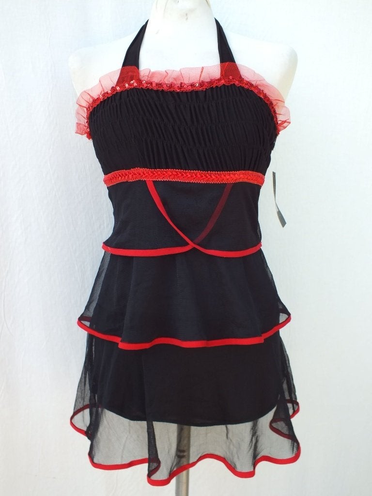 Leuke zwart-rode mini jurk met halter model mt S, ., Zwart, Ophalen of Verzenden, Zo goed als nieuw