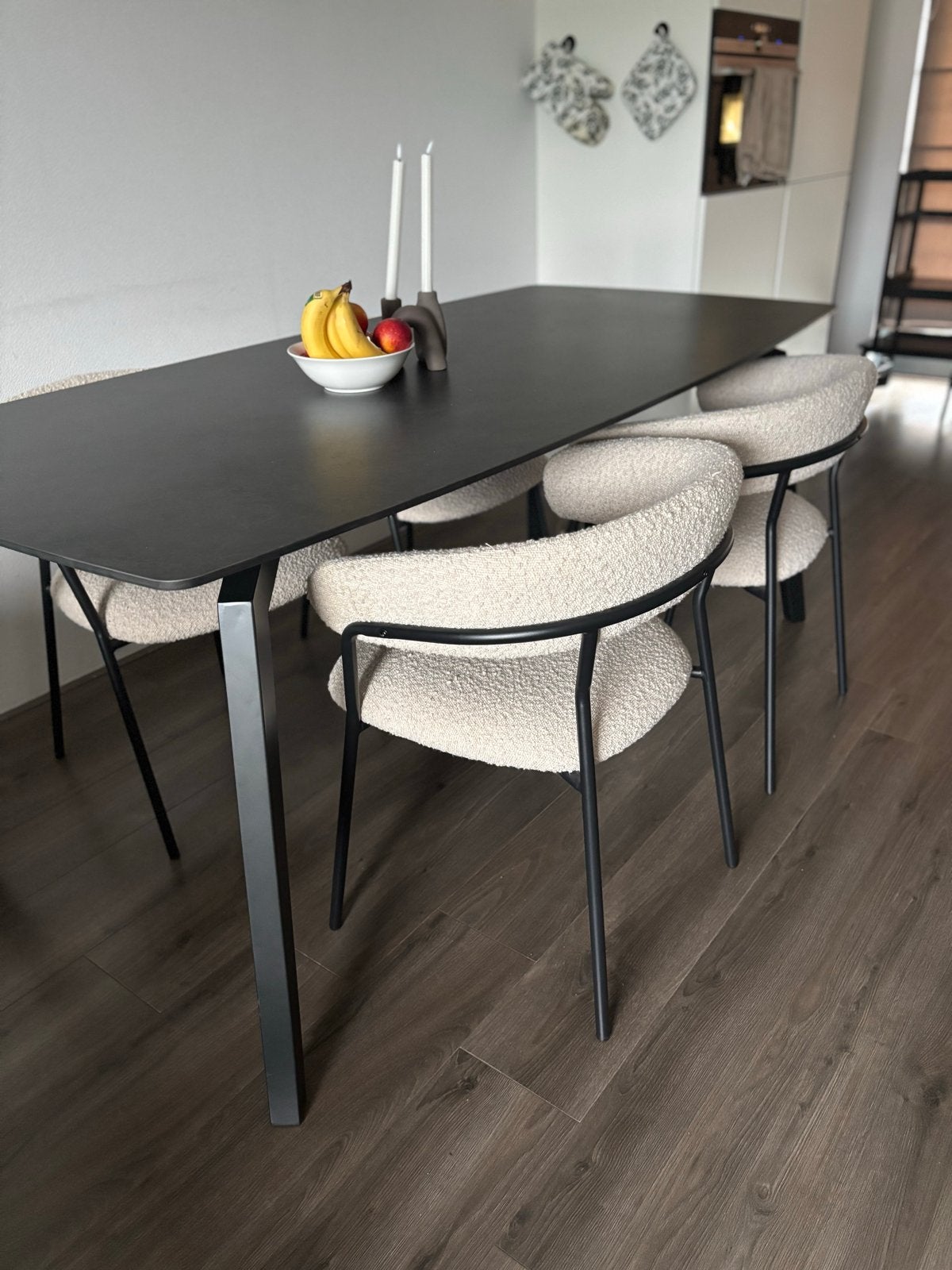 4 Japandi Bouclé Eetkamerstoelen -  Wit/Beige, Huis en Inrichting, Stoelen, Ophalen, Wit, Zo goed als nieuw, Vier
