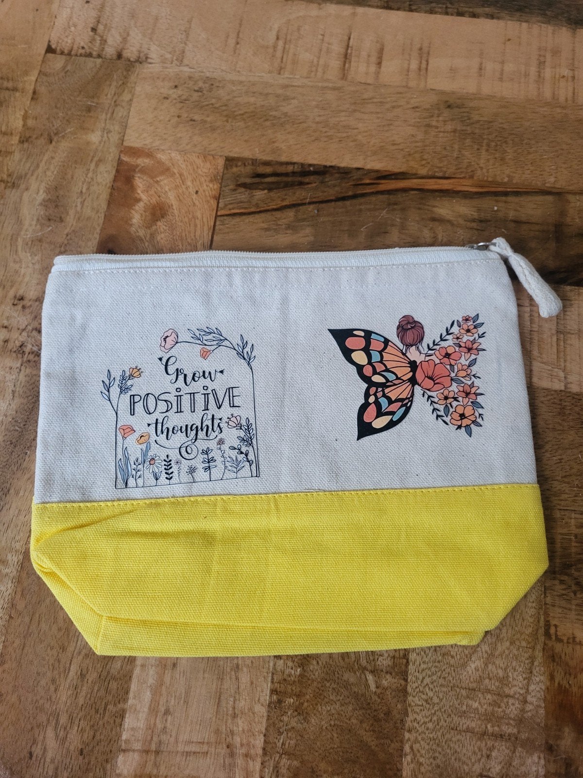Toilettas canvas met vlinder en 'Grow positive thoughts', Ophalen of Verzenden, Nieuw, Geel