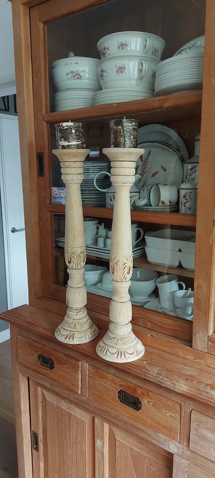 2 landelijke houten kandelaars van 60 cm, Gebruikt, Ophalen of Verzenden, Kandelaar, Hout