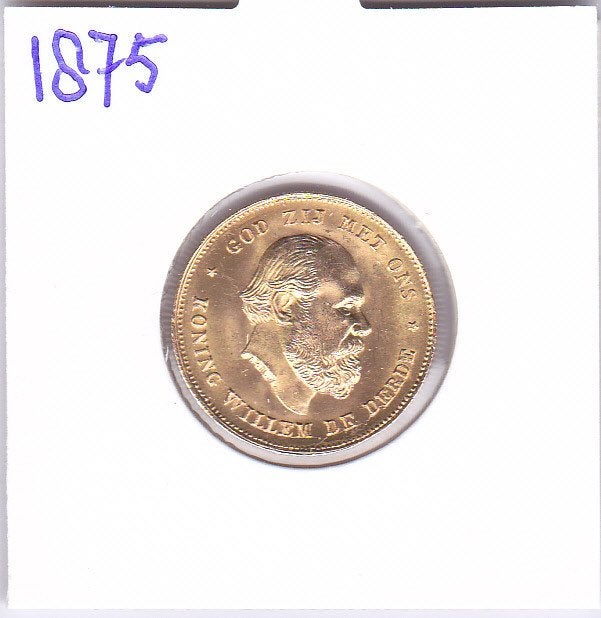 Mooi gouden tientje 1875 Willem 3, Koning Willem III, Losse munt, 10 gulden, Goud