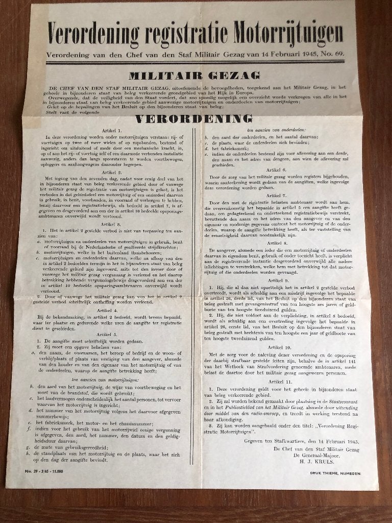 Februari 1945 Militair Gezag.Aanplakbiljet: Verordening, Verzamelen, Militaria | Tweede Wereldoorlog, Verzenden, Nederland, Foto of Poster