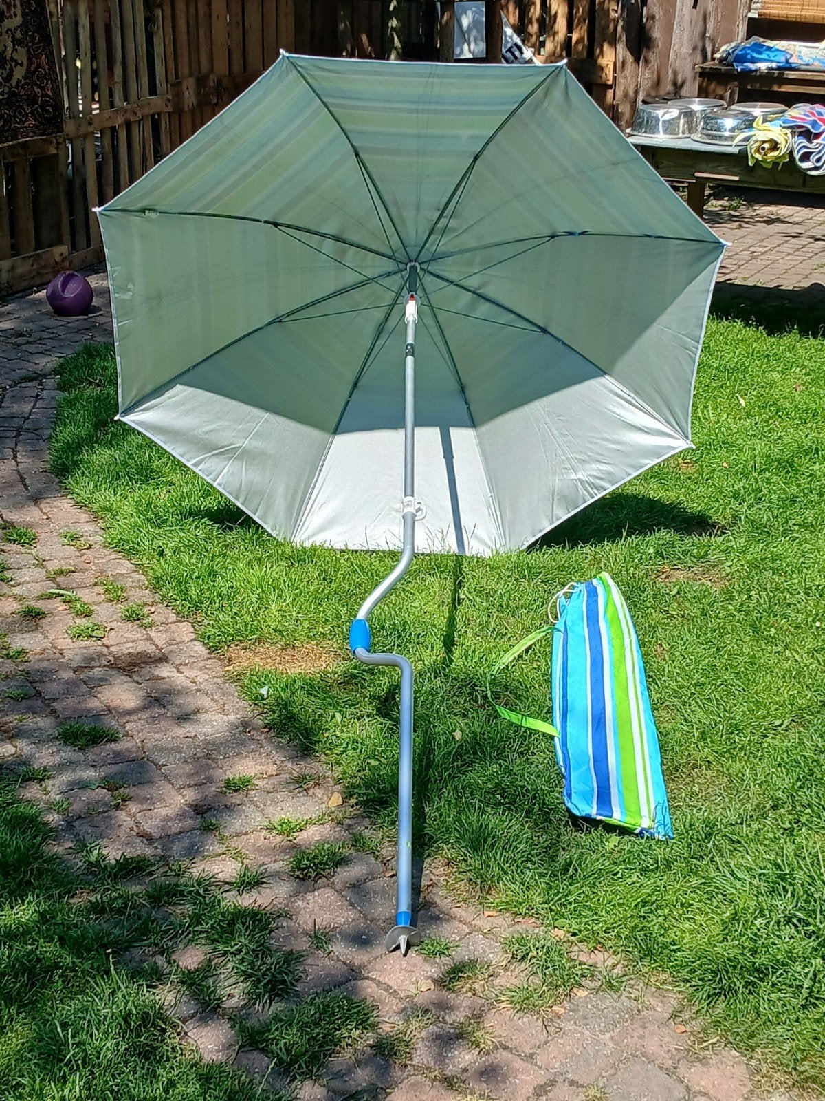Strandparasol met draagtas - Blauw/Groen gestreept, Ophalen of Verzenden