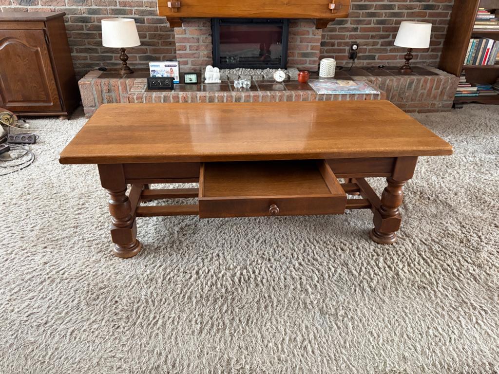 Massieve eikenhouten salontafel met lade - 150x65x51 cm, Gebruikt, 50 tot 75 cm, 150 tot 200 cm, Rechthoekig