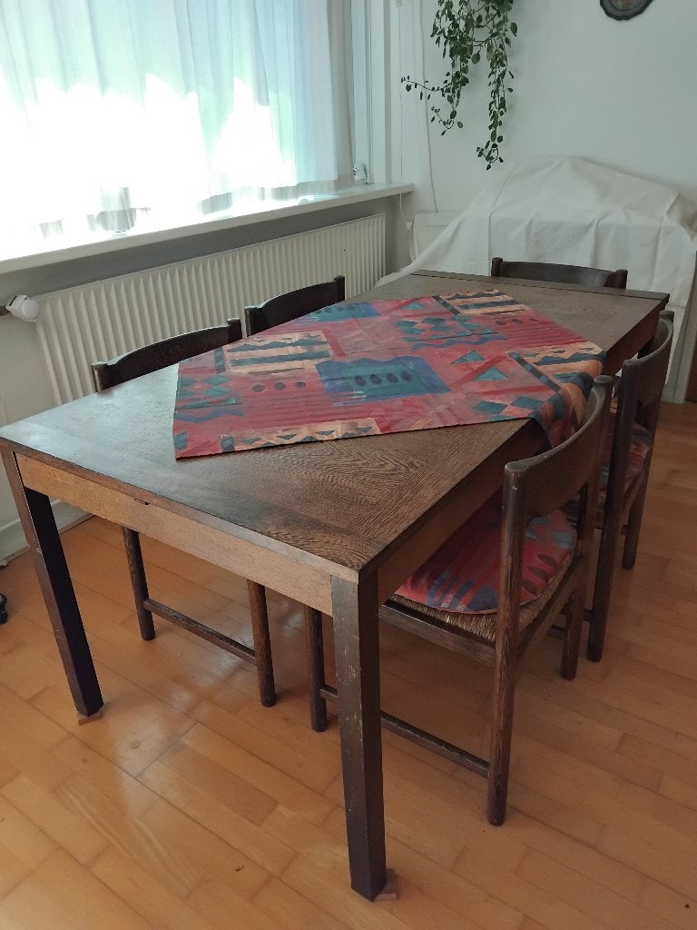 eettafel en stoelen, Ophalen, Gebruikt, Jaren 70 wenge hout, 50 tot 100 cm