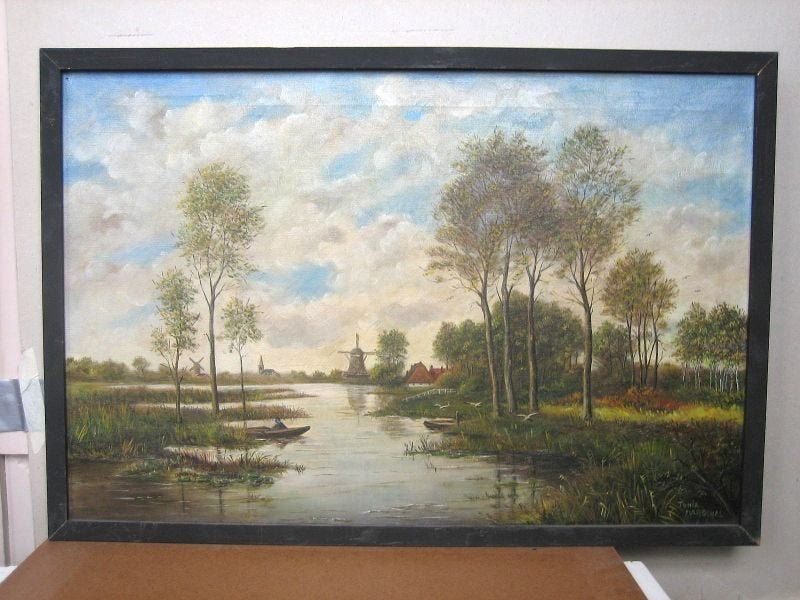 Schilderij moeras met molen en bomen, Ingelijst, Doek, Ophalen of Verzenden, Landschap