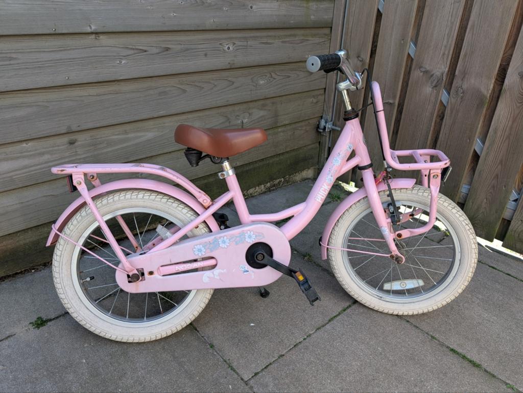 Roze kinderfiets 16 inch met voordrager - Puck, Velgrem, Ophalen of Verzenden, Puck Nogan, 16 tot 20 inch