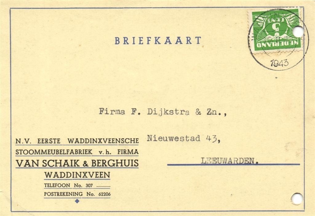 v.h. Firma van Schaik + Berguis, Waddinveen - 02.1943 - brie, Ophalen of Verzenden, Briefkaart