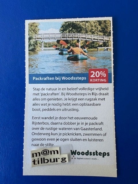 Packraften bij Woodssteps 20% korting tot 1-7-2027, Drie personen of meer, Kortingsbon, Overige typen