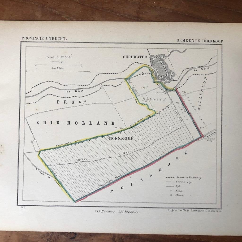 07 / Kuyper kaart Utrecht van Hoenkoop Litho uit 1866, Ophalen of Verzenden