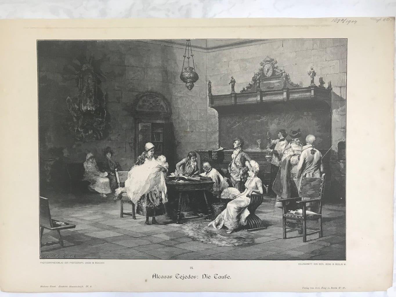 Alcázar Tejedor: Die Taufe, 1895, or. gravure, 32x22cm.Mooi!, Antiek en Kunst, Dagelijks leven, Ophalen of Verzenden, 32 cm, 1800 - 1899