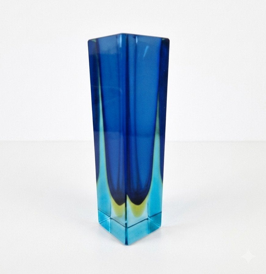 Murano Sommerso Glazen Blokvaas - Blauw & Amber, Ophalen of Verzenden