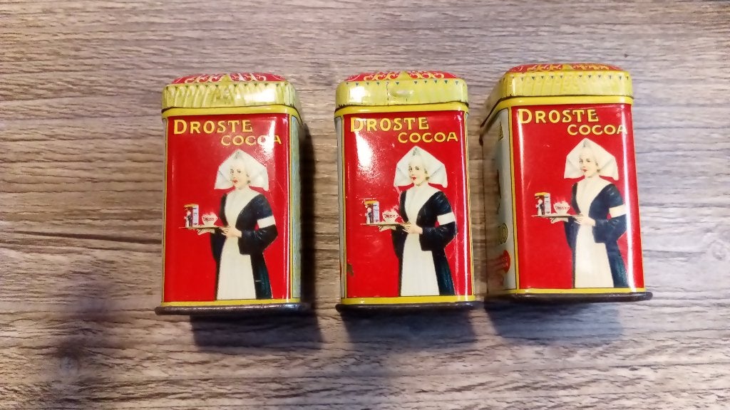 3 stuks droste cacao monsterblikjes, Verzamelen, Blikken, Ophalen of Verzenden, Gebruikt, Overige, Droste