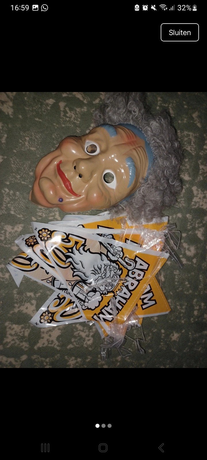 Abraham masker met scheurtje en vlaggetjes, Ophalen of Verzenden, Gebruikt, Feestartikel, Abraham of Sarah