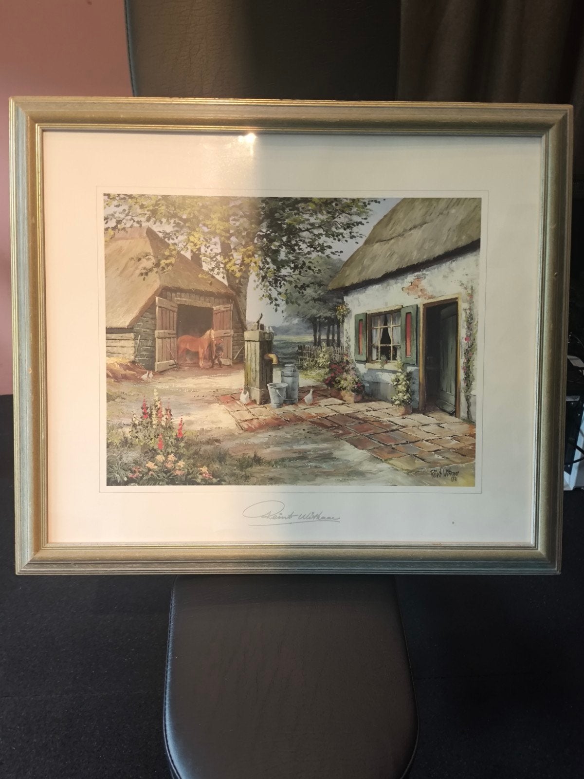 Schilderij Reint Withaar - Boerderij met paard en kippen, Doek, Realistisch, Gedateerd, Ophalen of Verzenden