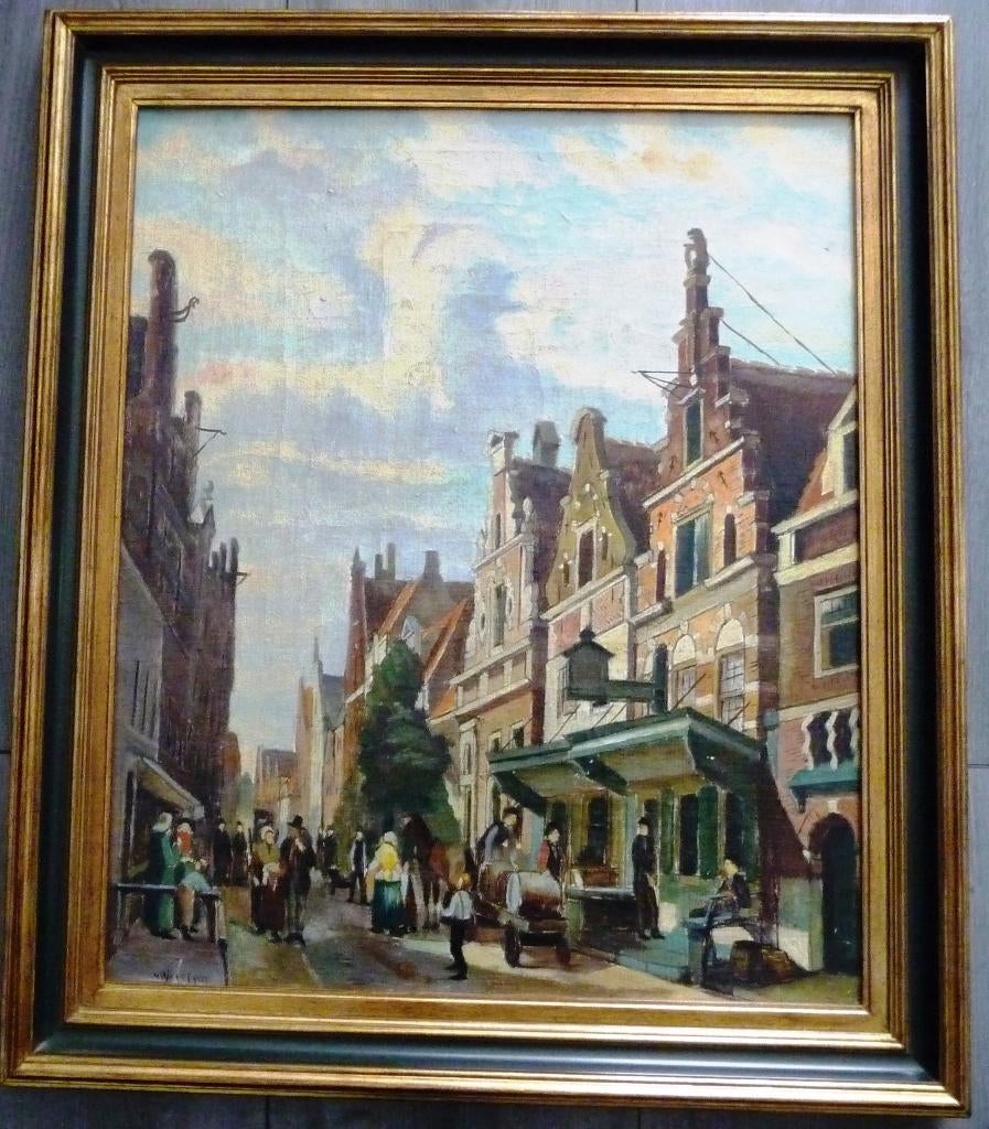 Stadsgezicht - Wim van Woerkom - doek - gelijst, Antiek en Kunst, Kunst | Schilderijen | Klassiek, Ophalen of Verzenden