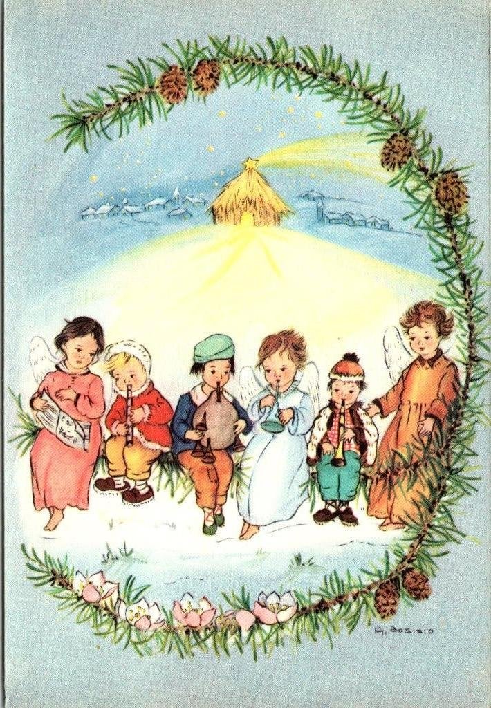 Vintage Kerstkaart Engeltjes en Kinderen bij Kribbe jaren 60, Verzenden, 1960 tot 1980, Ongelopen, Feest(dag)