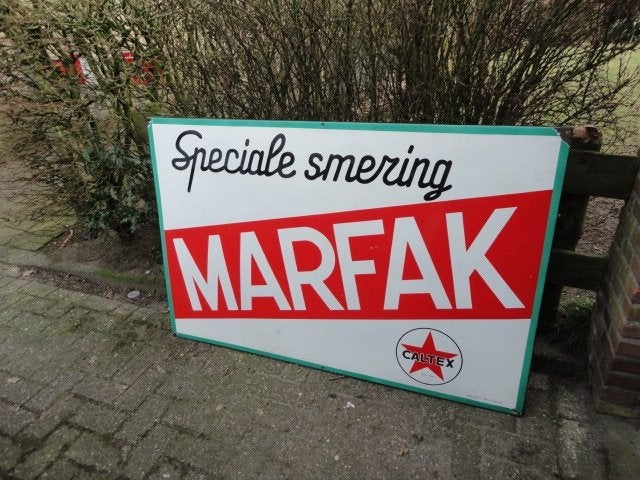 Groot emaille bord CALTEX MARFAK olie, Verzamelen, Merken en Reclamevoorwerpen, Ophalen, Gebruikt, Reclamebord
