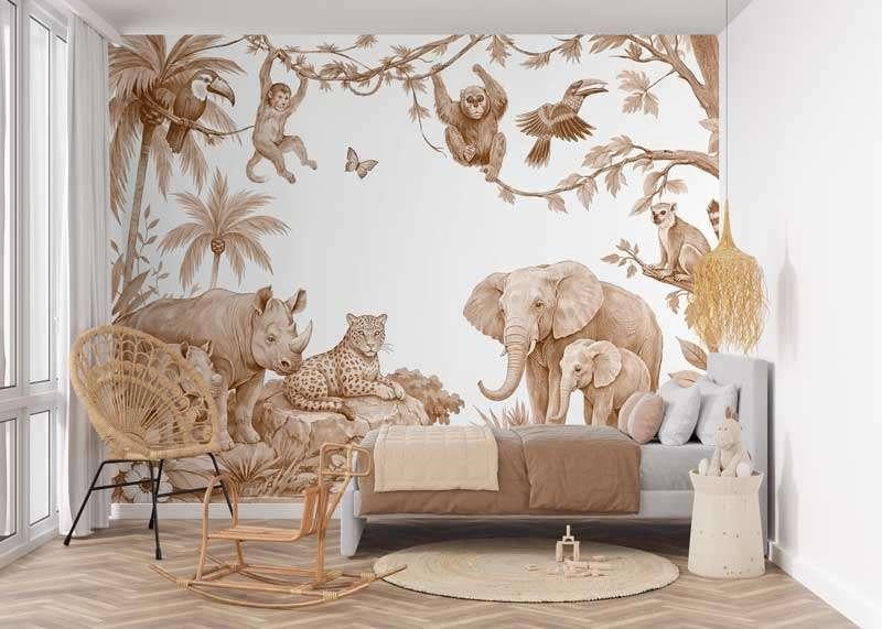Fotobehang / Behang - Kinderkamer - Safari Dieren Terracotta, Verzenden, Nieuw, Wanddecoratie, Info@fotobehangkoning.nl