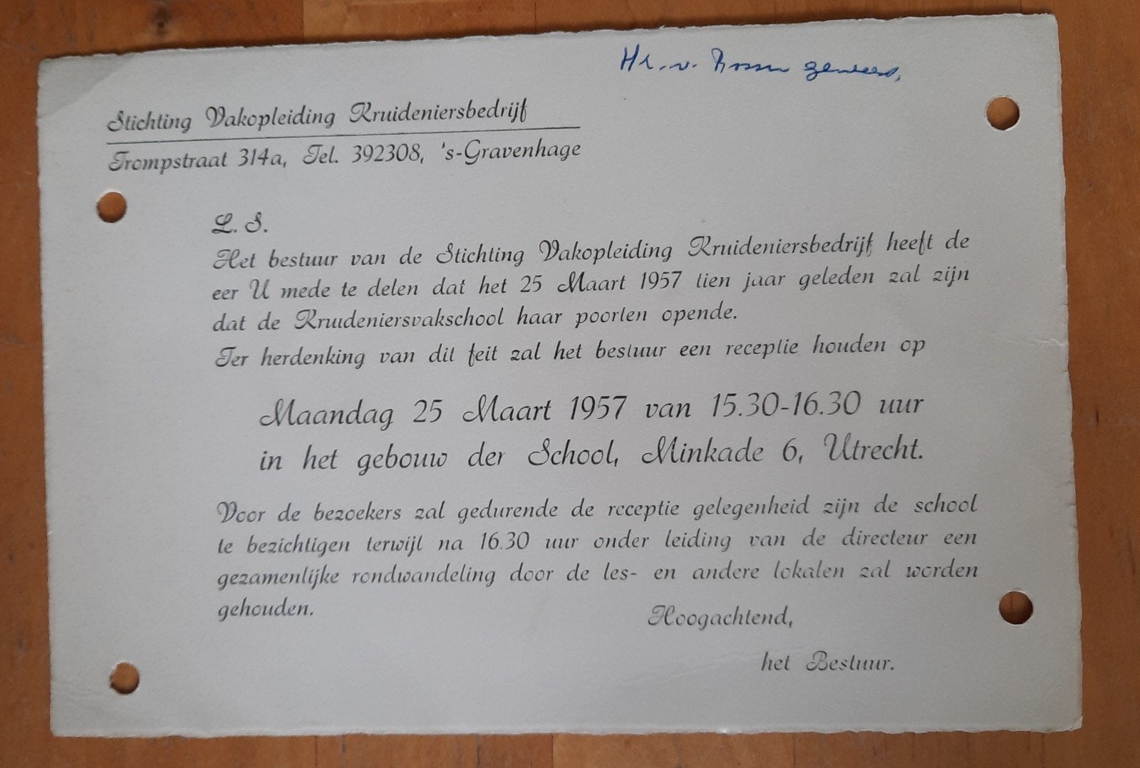Uitnodiging 10-jarig jubileum Kruideniersvakschool 1957, Ophalen of Verzenden