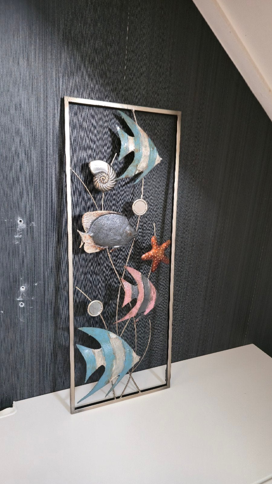 Metalen wanddecoratie vissen en zeedieren - 28x73 cm, Metaal, Wandsculptuur, Gebruikt, Meerkleurig