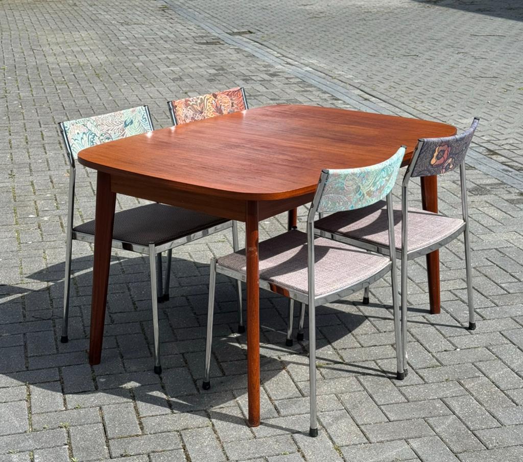 Vintage Deense Eettafel Teak, Gebruikt, Scandinavisch retro vintage, 150 tot 200 cm, Vier personen