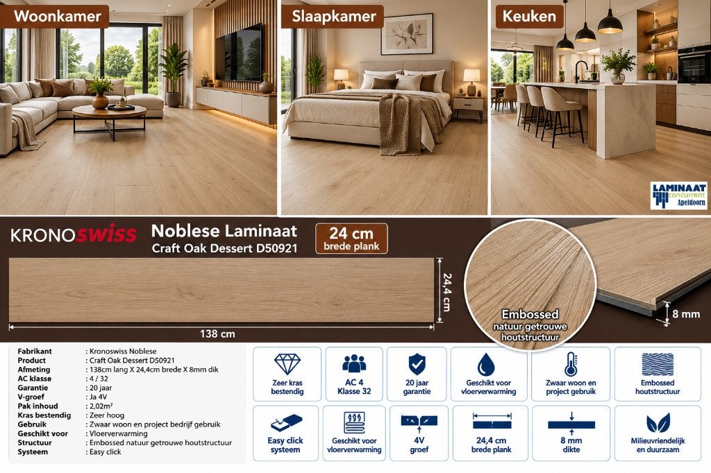 Laminaat Craft Desert Oak 8mm dik 24cm brede 4V Easy click, 75 m² of meer, Nieuw, Ophalen of Verzenden, Beige