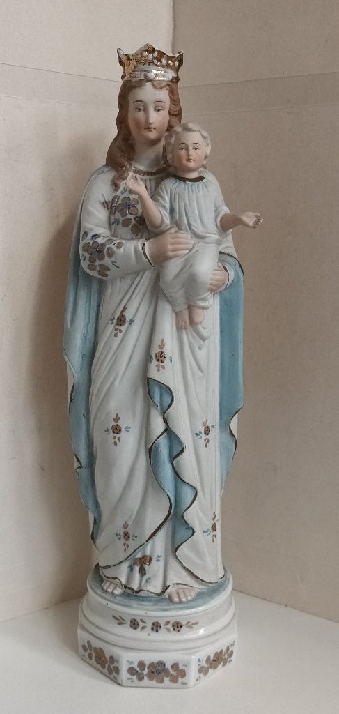 Biscuit porselein Beeld Maria met kindje jezus op haar armen, Ophalen of Verzenden